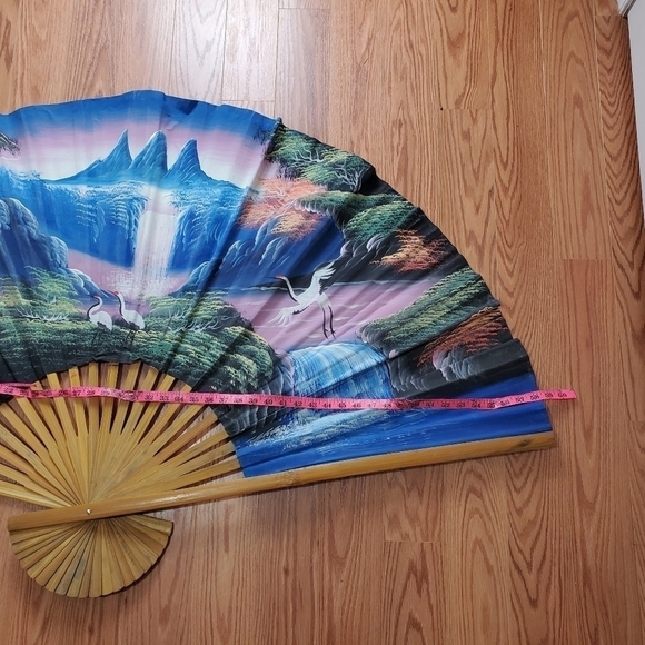 VINTAGE Large Fan 59x36 Handpainted Sky Scene Wal Art - Picture 12 of 16